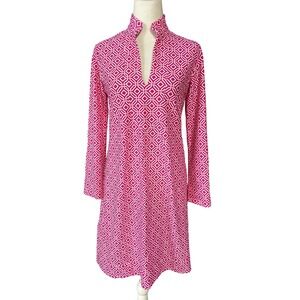Jude Connally Womens Shift Dress S Pink Geometric Jersey Collared Long Sleeve